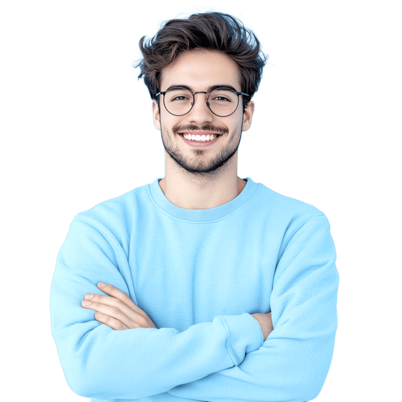 A man in glasses smiling on a webpage design interface with text: "Let AI handle the boring stuff." Various design tools are visible.